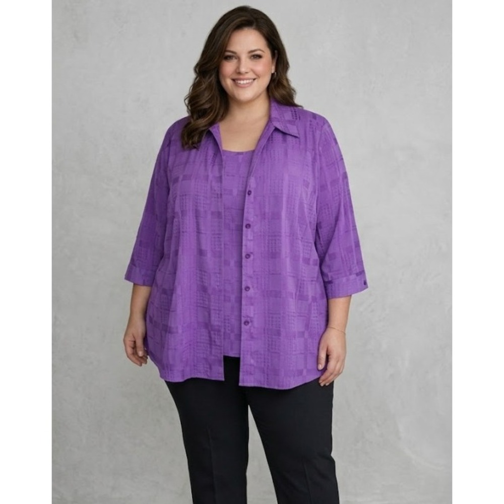 Maggie Barnes‎ Button Up Top 4X Purple Plaid 3/4 Sleeve Blouse Layered